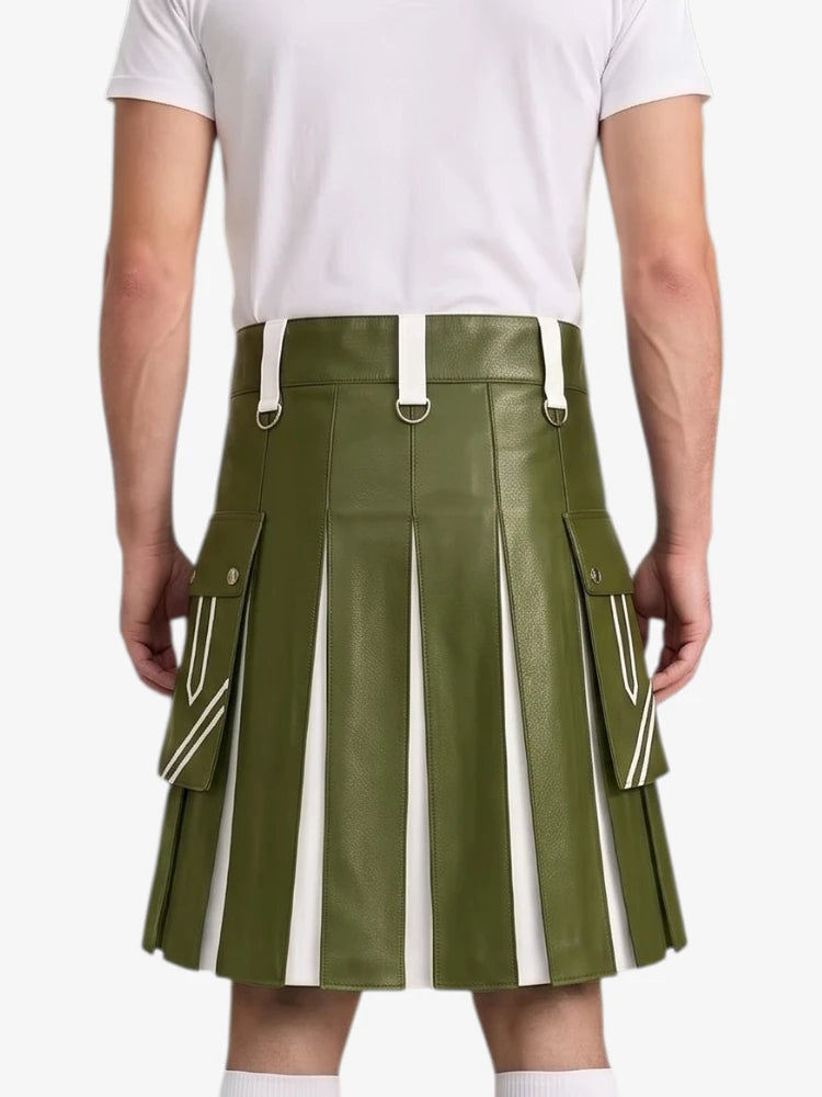 Olive Green and White Leather Hybrid Utility Kilt
