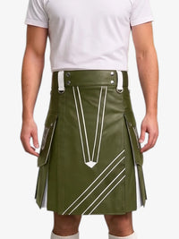 An olive green faux-leather kilt with white geometric stripe accents, worn by a model in a white t-shirt against a light gray background.