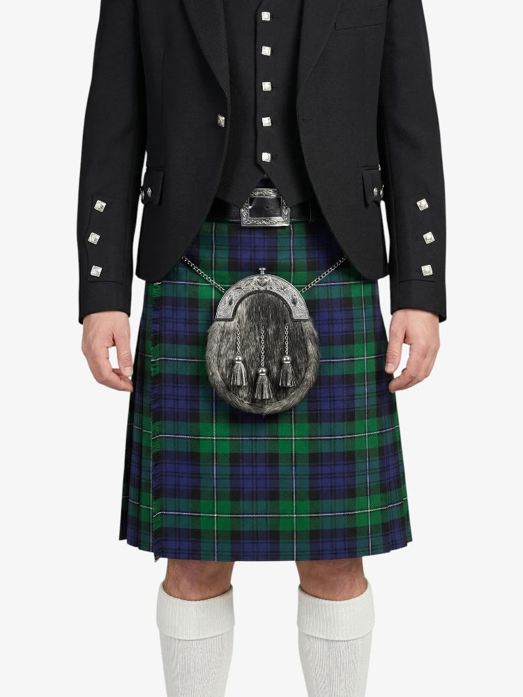 Person wearing a black jacket and green plaid kilt with a sporran on a white background