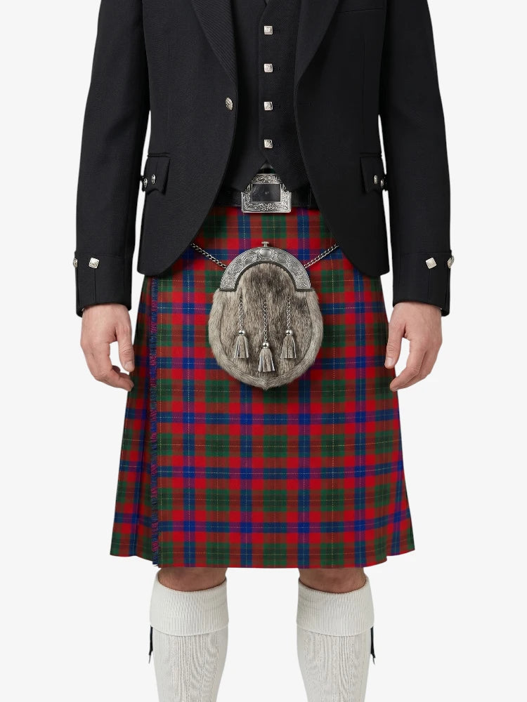 Person wearing a traditional Scottish kilt with a tartan pattern on a white background