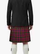 Person wearing a black jacket and red plaid kilt on a white background