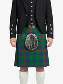 Person wearing a black jacket and green plaid kilt with a sporran on a white background