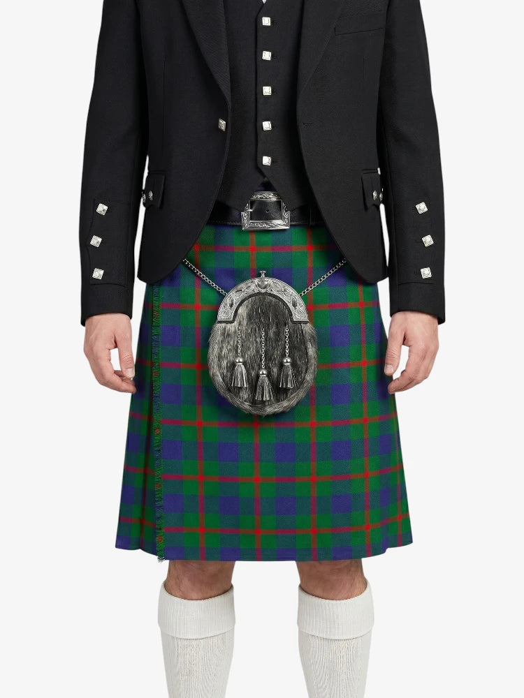 Person wearing a black jacket and green plaid kilt with a sporran on a white background