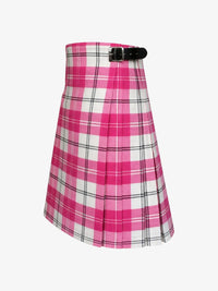Pink and white plaid kilt with a black belt on a white background