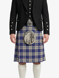 Person wearing a black jacket and blue plaid kilt with a silver sporran on a white background