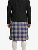 Person wearing a black jacket and blue plaid kilt on a white background