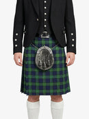Person wearing a traditional Scottish kilt with a sporran on a white background