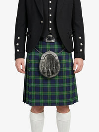 Person wearing a traditional Scottish kilt with a sporran on a white background