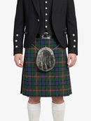 Person wearing a traditional Scottish kilt with a plaid pattern on a white background