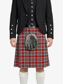 Person wearing a traditional Scottish kilt with a sporran on a white background