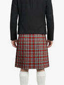 Person wearing a black jacket and red plaid kilt on a white background