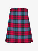 Plaid kilt with red, blue, and green pattern on a white background