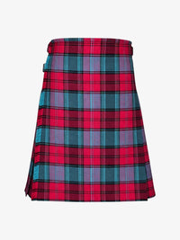 Plaid kilt with red, blue, and green pattern on a white background