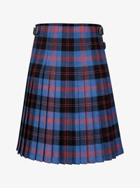 Plaid kilt with blue, red, and black pattern on a white background
