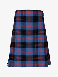Plaid kilt with blue, black, and red pattern on a white background