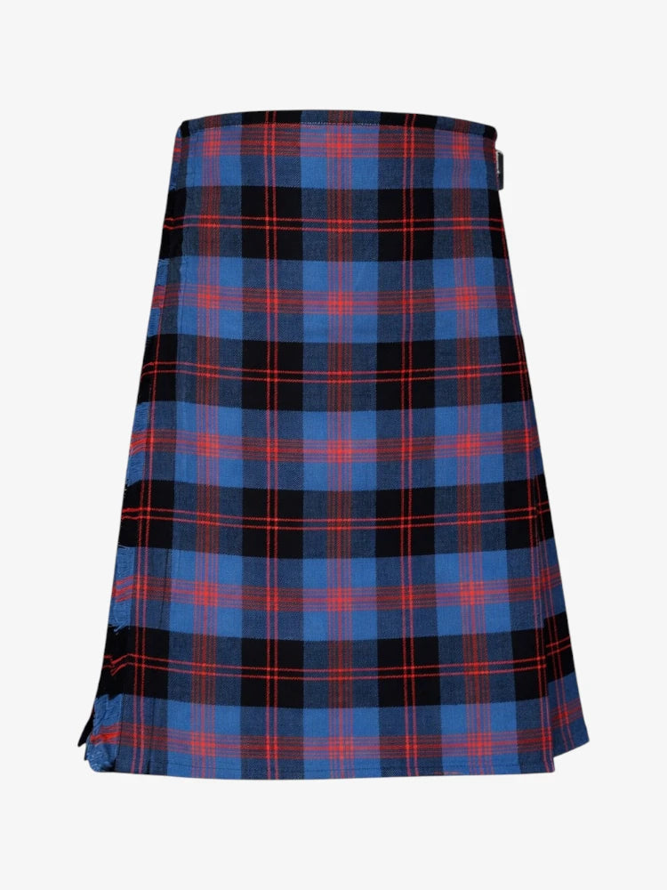 Plaid kilt with blue, black, and red pattern on a white background