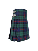 Green and blue plaid kilt with silver belt on a white background