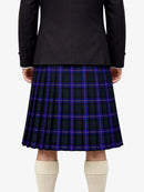 Person wearing a black jacket and plaid kilt on a white background