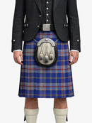 Person wearing a blue plaid kilt with a sporran on a white background