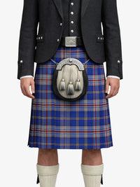 Person wearing a blue plaid kilt with a sporran on a white background