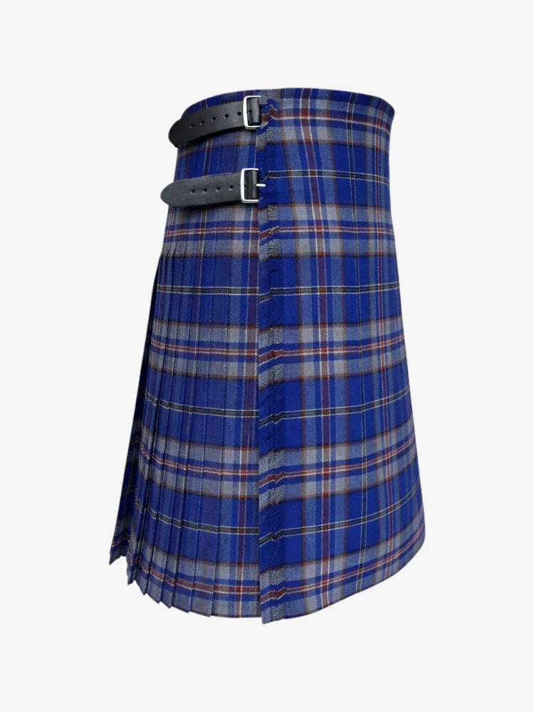 Blue plaid kilt with a belt on a white background