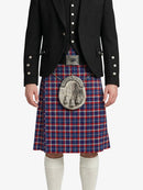 Person wearing a traditional Scottish kilt with a tartan pattern on a white background