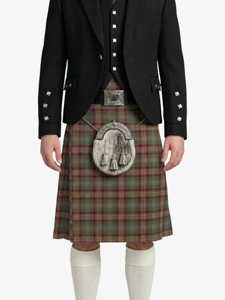 Person wearing a traditional Scottish kilt with a jacket on a white background