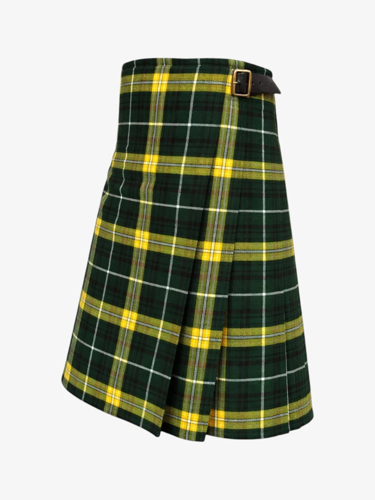 Green and yellow plaid kilt with a belt on a white background