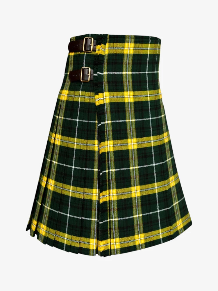 Green and yellow plaid kilt on a white background