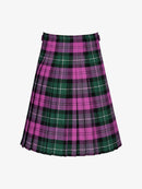 Plaid kilt with purple and green pattern on a white background