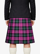 Person wearing a black jacket and pink plaid kilt on a white background