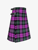 Plaid kilt with purple and green pattern on a white background