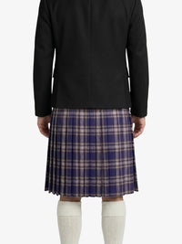 Person wearing a black jacket and plaid kilt on a white background