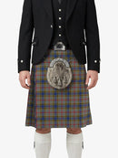 Person wearing a Scottish kilt with a tartan pattern on a white background