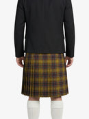 Person wearing a black jacket and plaid kilt on a white background