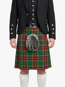 Person wearing a black jacket and red plaid kilt with a silver sporran on a white background