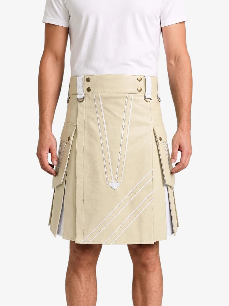 Beige And White Leather Hybrid Utility Kilt Front
