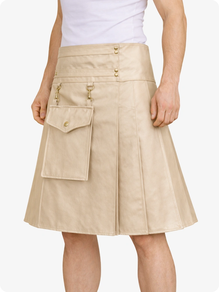 Beige skirt with gold buttons and zippers on a white background