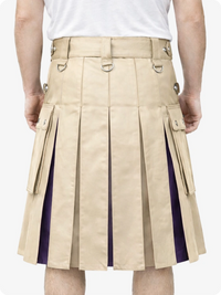 Beige kilt with purple accents worn by a person on a white background