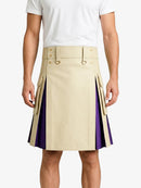 Beige Leather Kilt With Purple Pleats