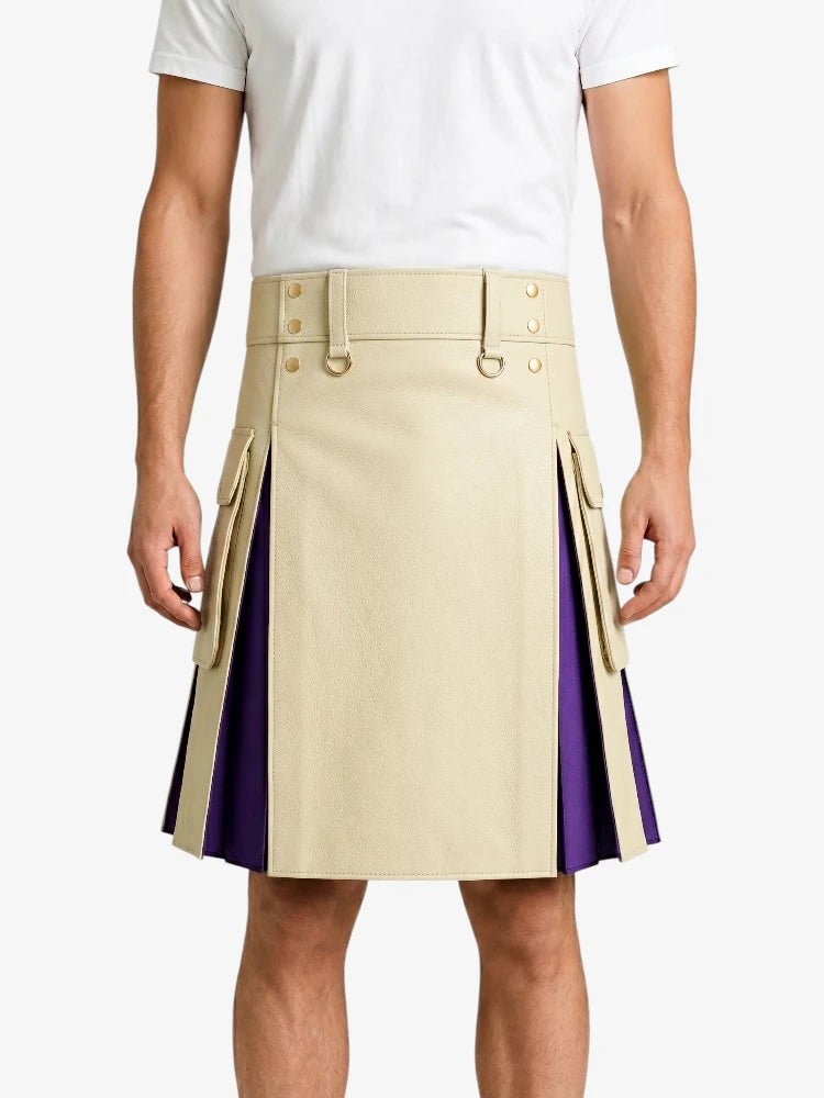 Beige Leather Kilt With Purple Pleats