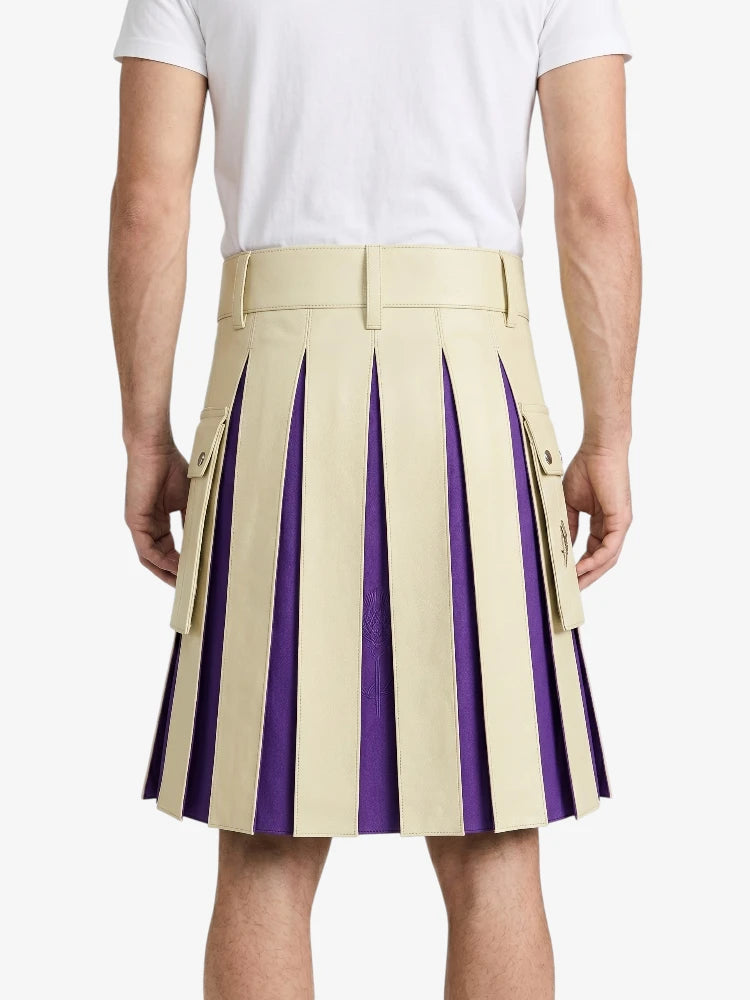 Beige Leather Kilt With Purple Pleats Back