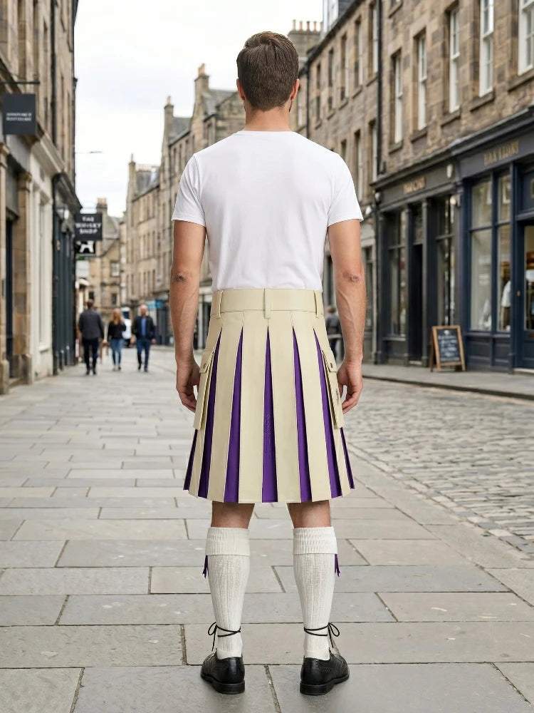 Beige Leather Kilt With Purple Pleats