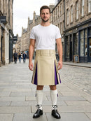 Beige Leather Kilt With Purple Pleats Front Side
