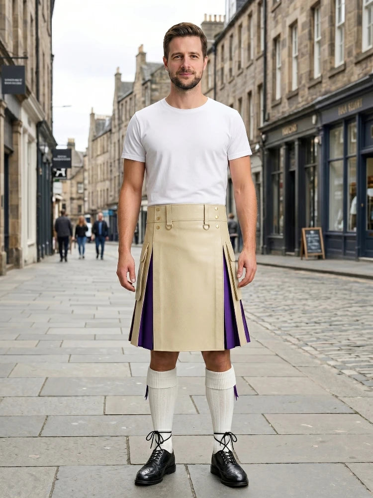 Beige Leather Kilt With Purple Pleats