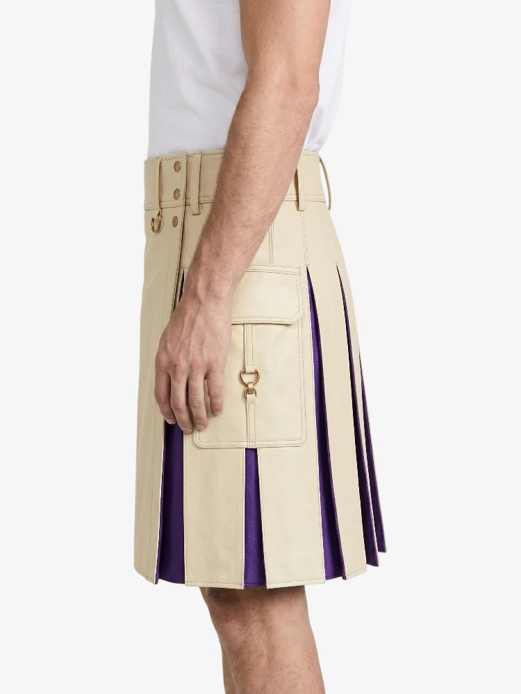 Beige Leather Kilt With Purple Pleats Left