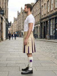 Beige Leather Kilt With Purple Pleats Left Side