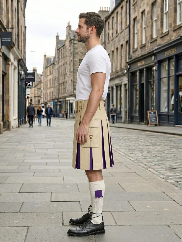 Beige Leather Kilt With Purple Pleats Left Side