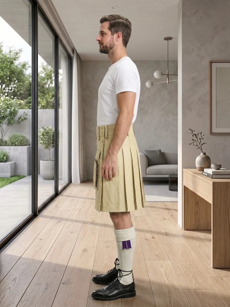 Beige Leather Utility Kilt Left Side