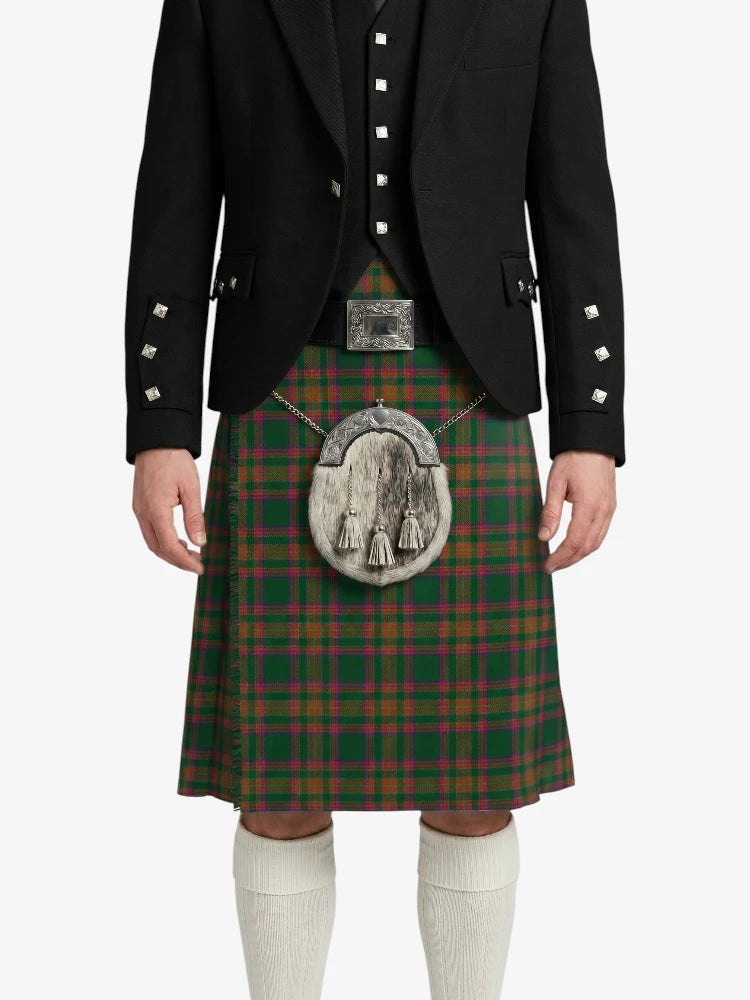 Person wearing a traditional Scottish kilt with a tartan pattern on a white background